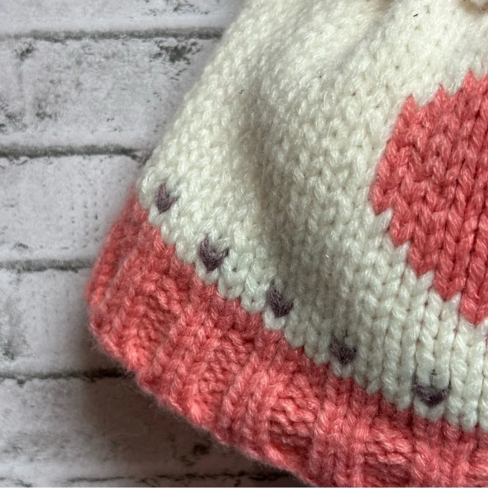 Knit Lined Winter Toddler Hat Pink Heart Pom Pom Toboggan Beanie 9.5
